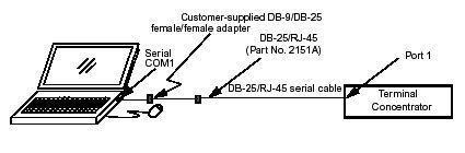 Line art showing the cable connections between the terminal concentrator and a laptop computer.