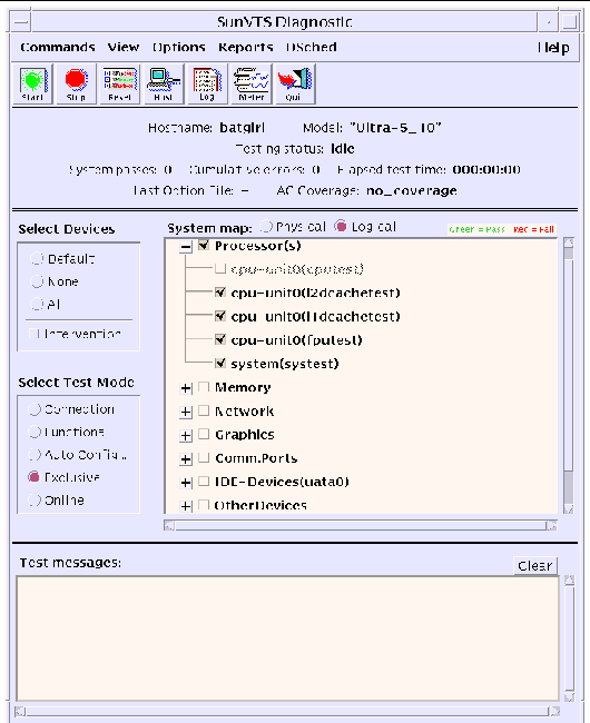 Screenshot of the SunVTS CDE main window.
