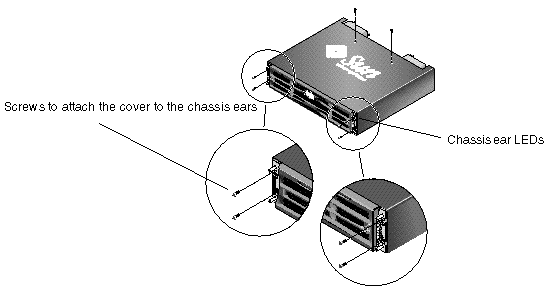 Drawing showing how to screw the tabletop cover onto the chassis ears.