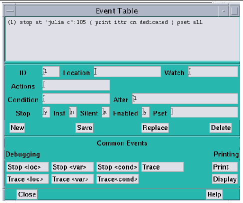 Screenshot of the Event table. Standard (not shortcut buttons) are New, Save, Replace, Delete, Close, and Help.