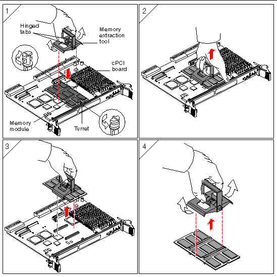 This illustration shows the single-wide memory module extraction procedure.