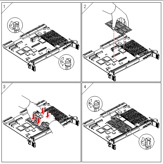 This illustration set shows the installation procedure on a typicl Netra CP2000/CP2100 board.