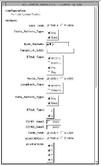Screenshot of the alarmtest Test Parameter Options dialog box.