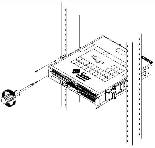 Figure showing how to secure the server in a two-post rack.