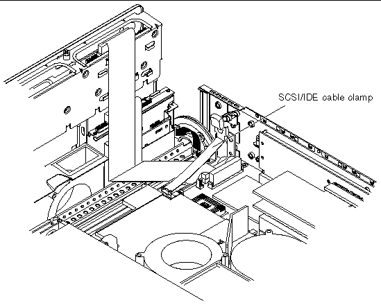 Figure showing how to lift the SCSI/IDC cable clamp.