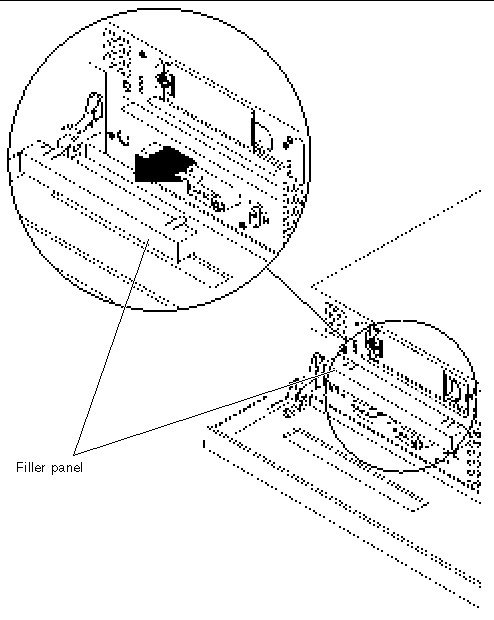 This figure shows the location of the DVD drive slot with the filler panel. It also has an enlarged view of the filler panel when removed from the slot.