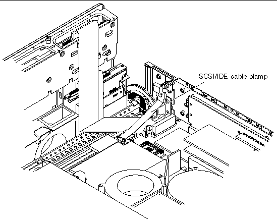 Figure showing how to lift the SCSI/IDE cable clamp.