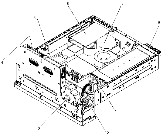 This figure shows the number and location of the rotating service module, internal and rear panel components. Match the components with their part numbers in the table that follows. 