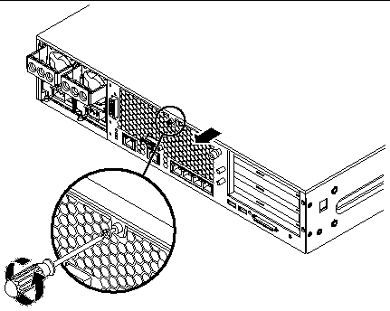 This figure shows the location of the captive screw in the back of the cover, and the direction in which to slide the cover in order to remove it from the server.
