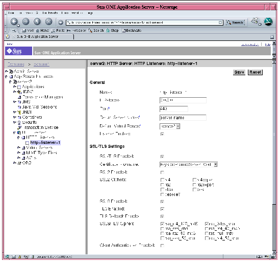 Screenshot of the Sun ONE Application Server Administration Server HTTP Listener Properties Dialog Box
