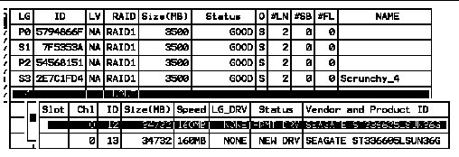 Screen capture includes list of unused drives and their properties, such as slot, channel, ID, size, speed,.LG_DRV, status, and Vendor and Product ID.