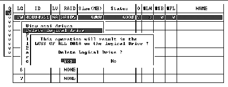 Screen capture shows the warning notice, "This operation will result in the LOSS OF ALL DATA on the logical Drive!" with "Yes" chosen.