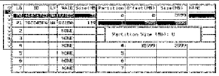 Screen capture showing a partition of a logical drive with Partition Size (MB): 0 message displayed.