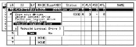 Screen capture showing failed member drive selected and "Rebuild Logical Drive?" prompt.