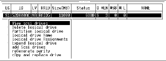 Screen capture showing the desired logical drive (LG) selected with menu displayed. View scsi drives is chosen. 