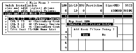 Screen capture shows a confirmation screen with "Add Host Filter Entry?" displayed and "Yes" chosen.