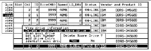 Screen capture showing "Delete global/local spare drive" chosen and the "Delete Spare Drive?" prompt.