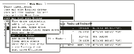 Screen capture shows "view and edit scsi Drives" chosen, the submenu shows "set slot Number" chosen, and the prompt is asking for the slot number.