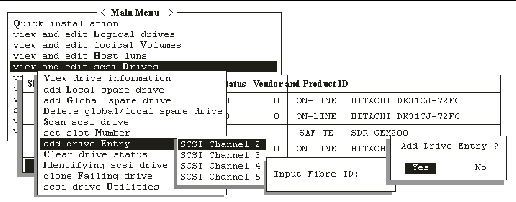 Screen capture shows "view and edit scsi Drives" chosen, submenus show "add drive Entry," & "SCSI Channel 2" chosen. The prompt is "Add Drive Entry?"
