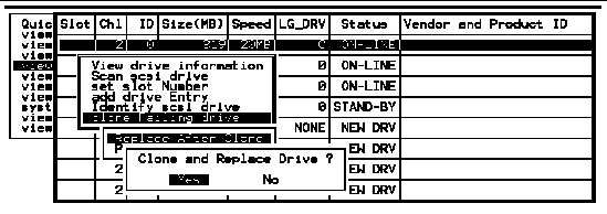 Screen capture shows submenus with "clone Failing drive" &, "replace After Clone" chosen. The prompt is "Clone and Replace Drive? 