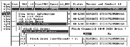 Screen capture shows "Flash Channel:2 ID:0 SCSI Drive?" prompt with "Yes" chosen.