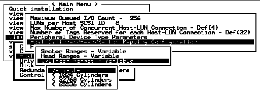Screen capture showing submenus with "Host Cylinder/Head/Sector Mapping Configuration," "Cylinder Ranges - Variable," and "Variable" chosen.