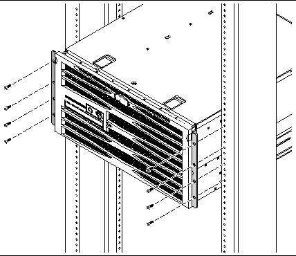 Figure showing how to secure the front hardmount brackets attached to the sides of the server to a rack.