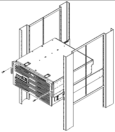 Figure showing how to secure the front of the server to the rack.