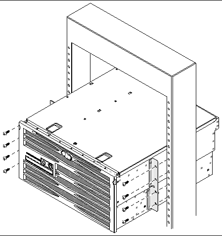 Figure showing how to secure the hardmount brackets attached to the sides of the server to the front of the rack.