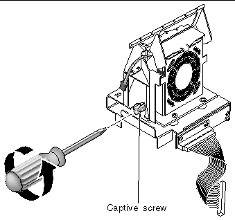 Figure showing how to loosen the captive screw that holds the two pieces of the fan tray 3 assembly together.