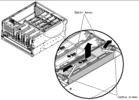 Figure showing how to loosen the two captive screws and how to rotate the two ejector levers upward to remove the CPU/memory module from the server.