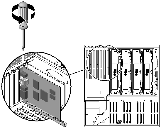 Figure showing how to remove the screw that secures the regular PCI card to system back panel.