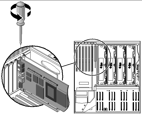 Figure showing how to remove the screw that secures the long PCI card to system back panel.