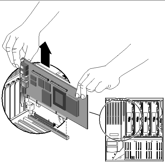 Figure showing how to remove a long PCI card from the system.