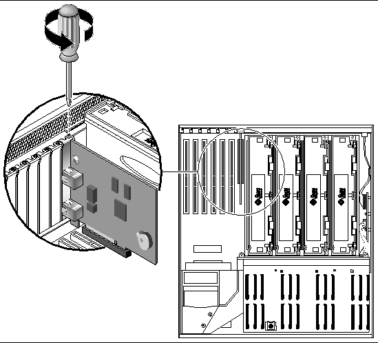 Figure showing how to remove the screw that secures the ALOM system controller card to system back panel.