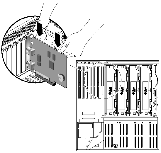 Figure showing how to insert the ALOM system controller card into the system.
