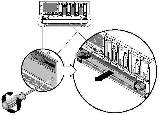Figure showing how to disengage the power distribution board from the server.