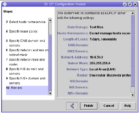 Screen capture of the Solaris DHCP Configuration wizard summary page.
