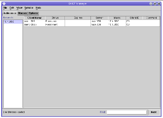 Screen capture of the DHCP Manager window.