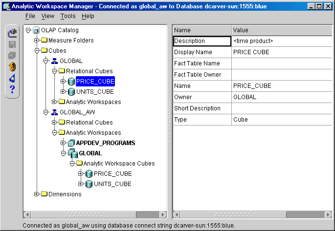 OLAP Catalog view in Analytic Workspace Manager.