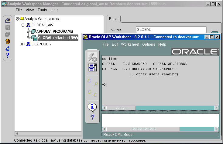 OLAP Worksheet opened from Analytic Workspace Manager