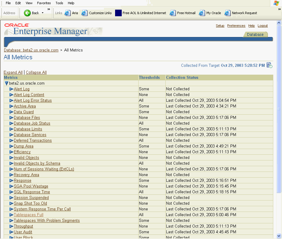 This image of the All Metrics page lists the metrics that are collected.