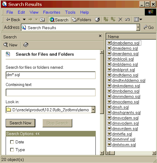 Sample SQL programs listed in File Manager