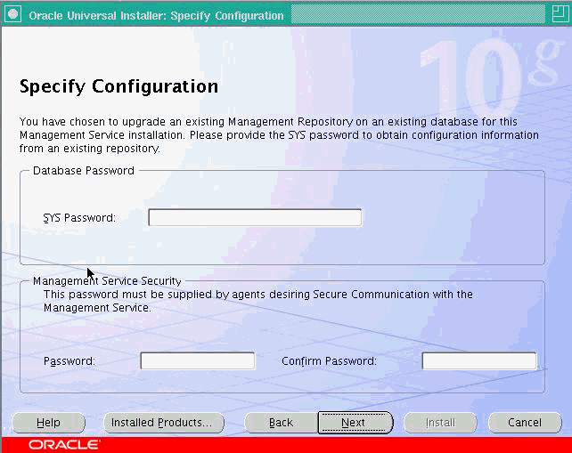 Specify OMS and repository configuration details.