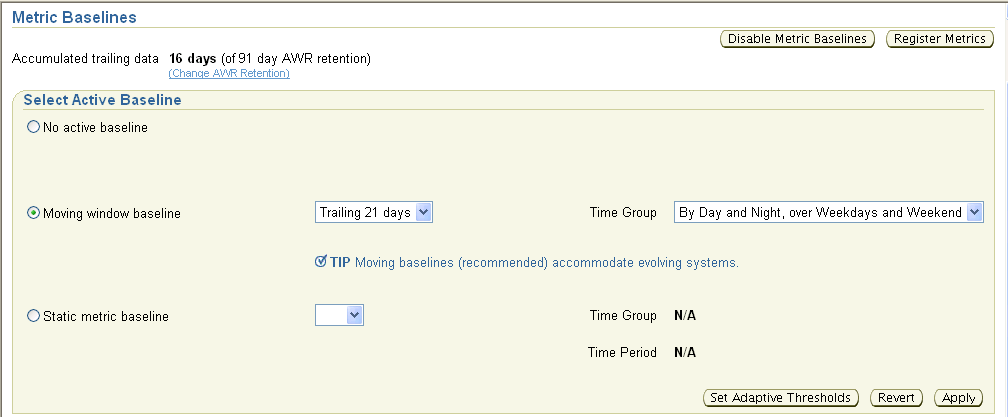 This figure shows a screenshot of the Enterprise Manager Metric Baselines page