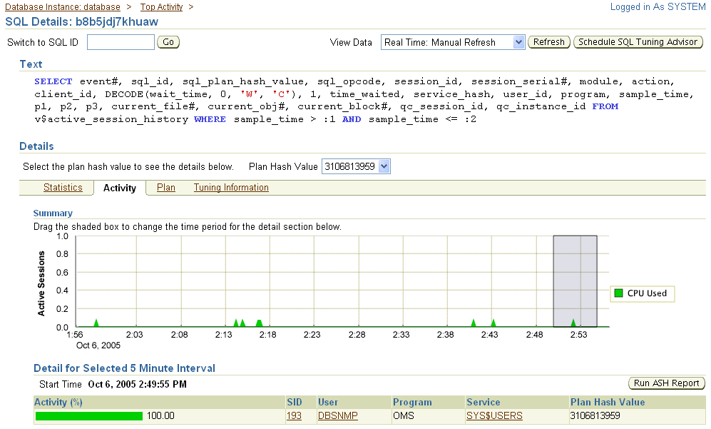 This figure shows a screenshot of the Enterprise Manager SQL Details page