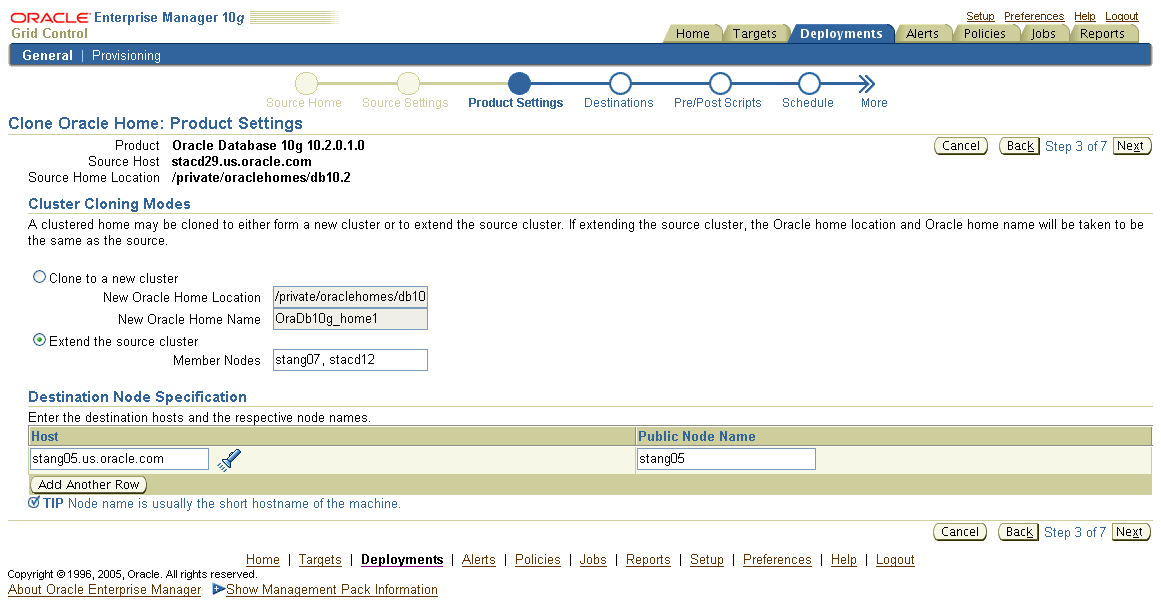 This figure shows a screenshot of the Enterprise Manager Clone Oracle Home: Product Settings page