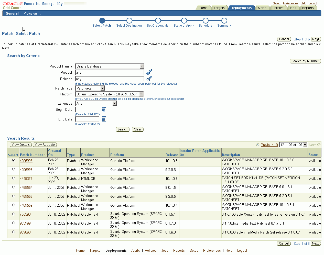 This figure shows a screenshot of the Enterprise Manager Select Patch page