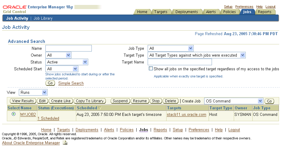 This figure shows a screenshot of the Enterprise Manager Job Activity page