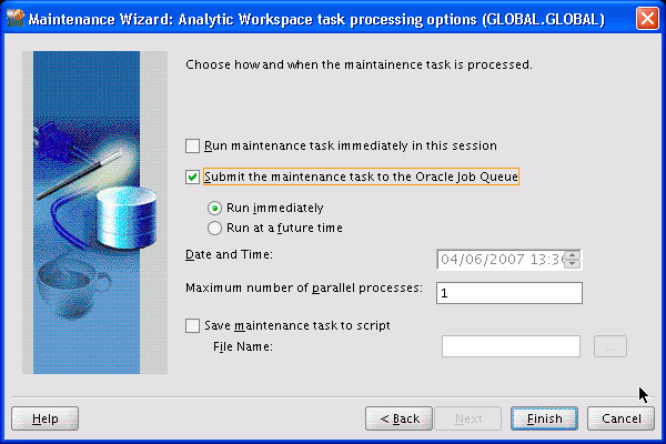 Maintenance wizard task processing options page